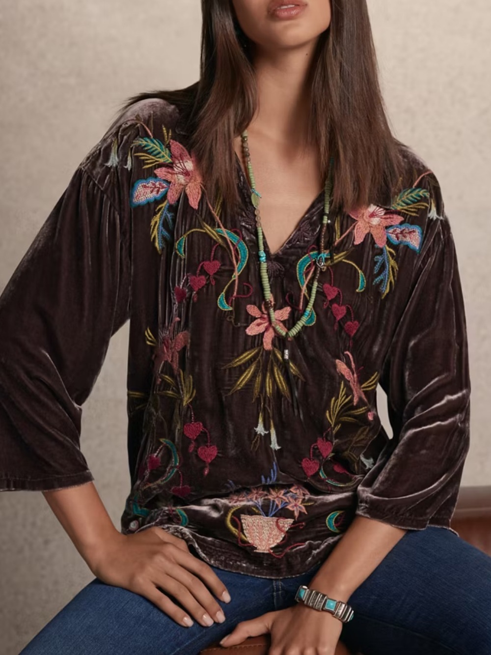 NWT Johnny Was Amarylla Popover Embroidered Velvet V-Neck Top Coffee Sz L